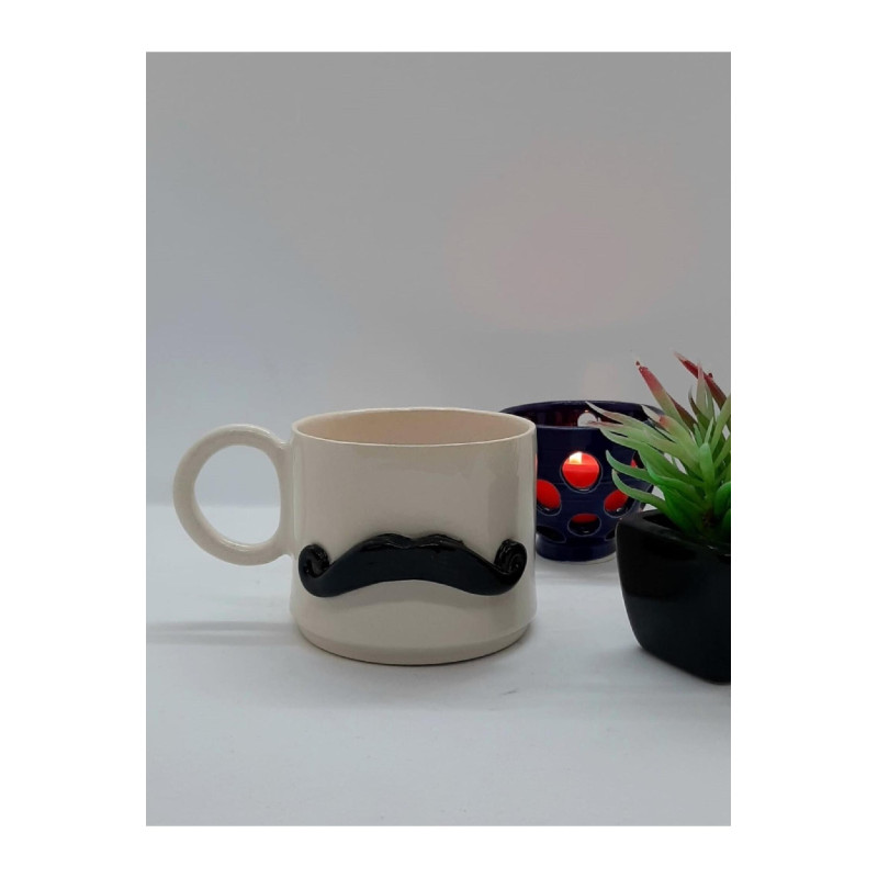 El Yapımı Seramik Bıyık Desenli Kupa Bardak Mug (HANDMADE)