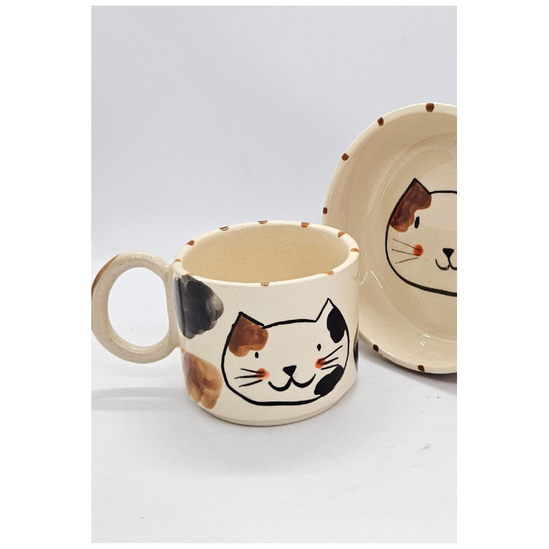 Seramik Mug Kedi Desenli El Yapımı Handmade Kupa Bardak