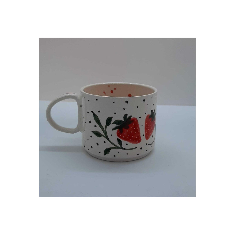 El Yapımı Seramik Kupa Bardak Mug Çilek Figürlü (HANDMADE)