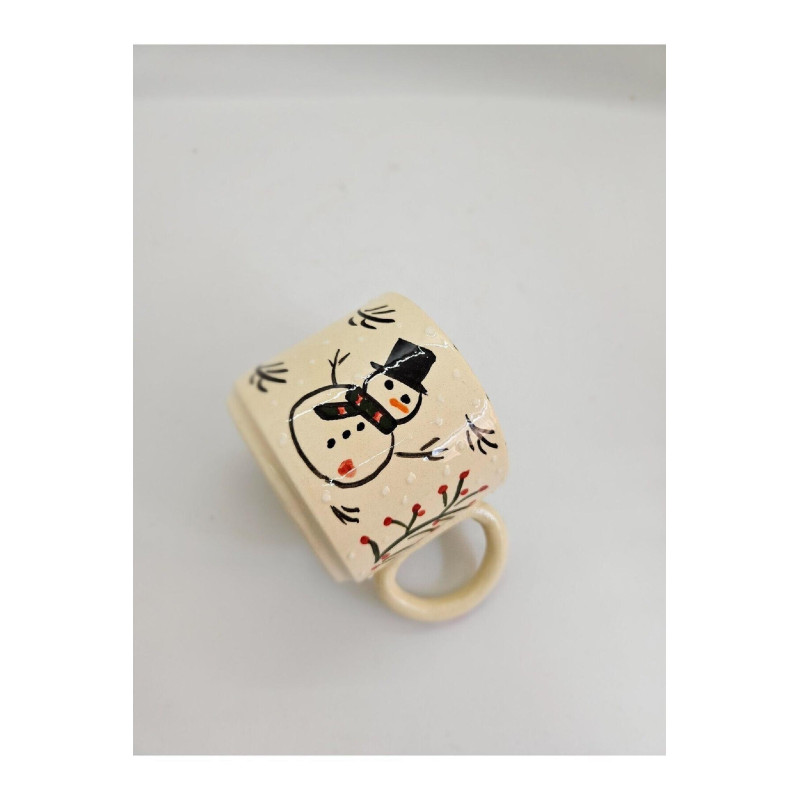 El Yapımı Seramik Noel Baba Ve Kardan Adam Figürlü Beyaz Kupa Bardak Mug