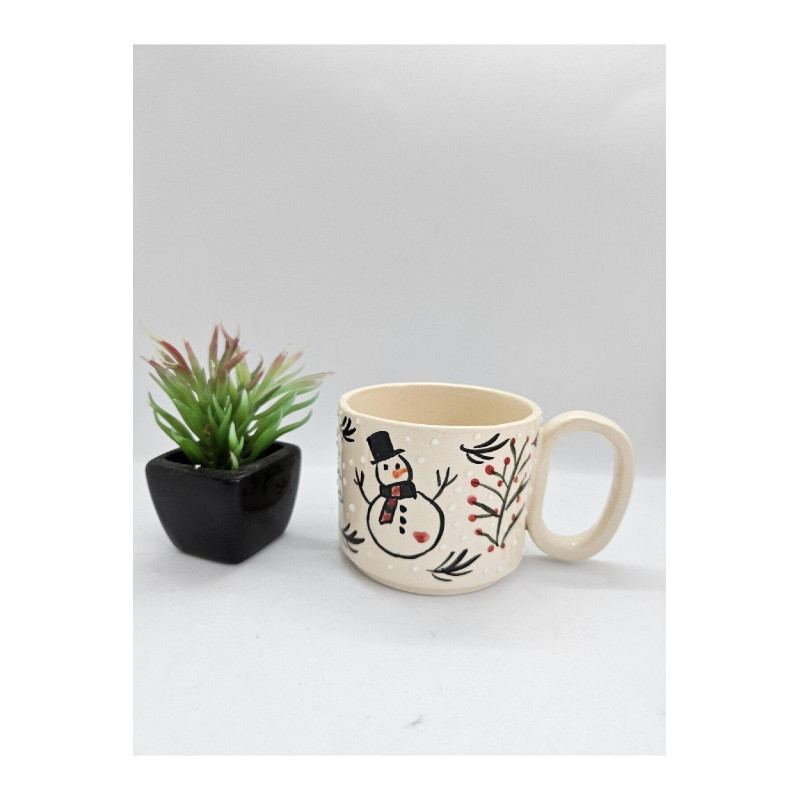 El Yapımı Seramik Kardan Adam Desenli Beyaz Kupa Bardak Mug