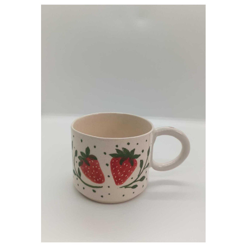 El Yapımı Seramik Çilek Desenli Kupa Bardak Mug